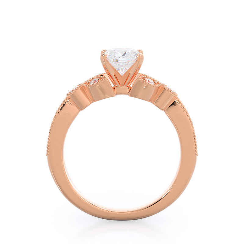 Vintage Leaf Diamond Engagement Ring with Cushion Cut Diamond in 14KT Rose Gold view 2

