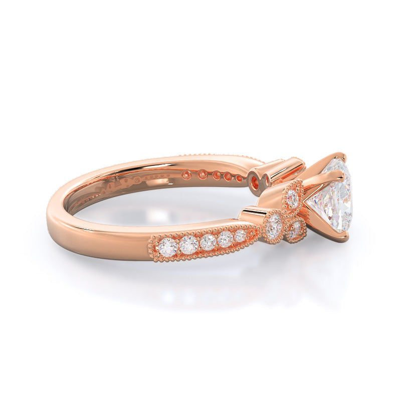 Vintage Leaf Diamond Engagement Ring with Cushion Cut Diamond in 14KT Rose Gold view 3
