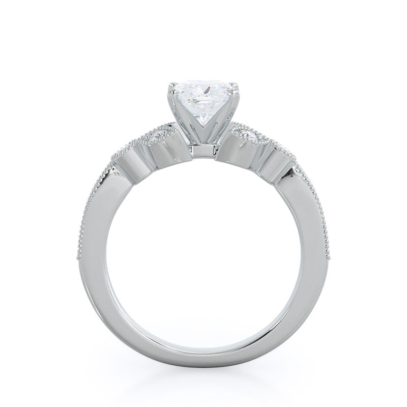 Vintage Leaf Diamond Engagement Ring with Cushion Cut Diamond in 14KT Platinum view 2

