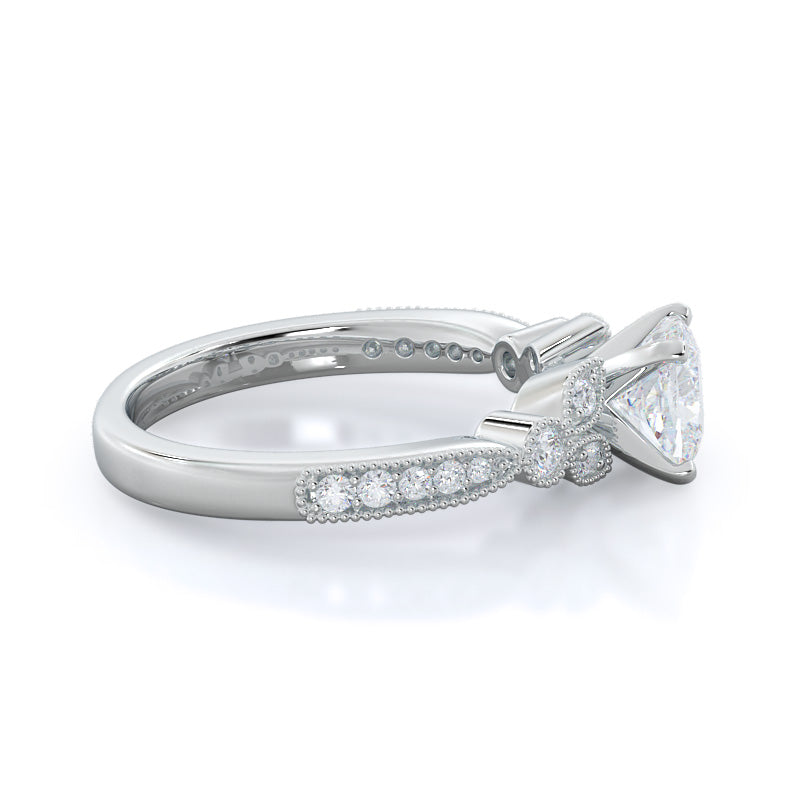 Vintage Leaf Diamond Engagement Ring with Cushion Cut Diamond in 14KT Platinum view 3
