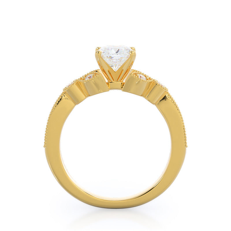 Vintage Leaf Diamond Engagement Ring with Cushion Cut Diamond in 14KT Yellow Gold view 2
