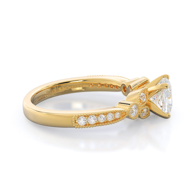 Vintage Leaf Diamond Engagement Ring with Cushion Cut Diamond in 14KT Yellow Gold view 3
