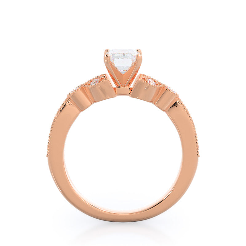 Vintage Leaf Diamond Engagement Ring with Emerald Cut Diamond in 14KT Rose Gold view 2
