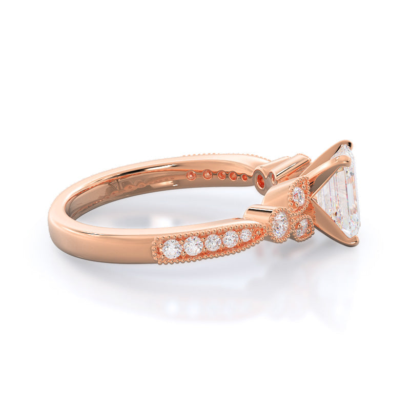 Vintage Leaf Diamond Engagement Ring with Emerald Cut Diamond in 14KT Rose Gold view 3
