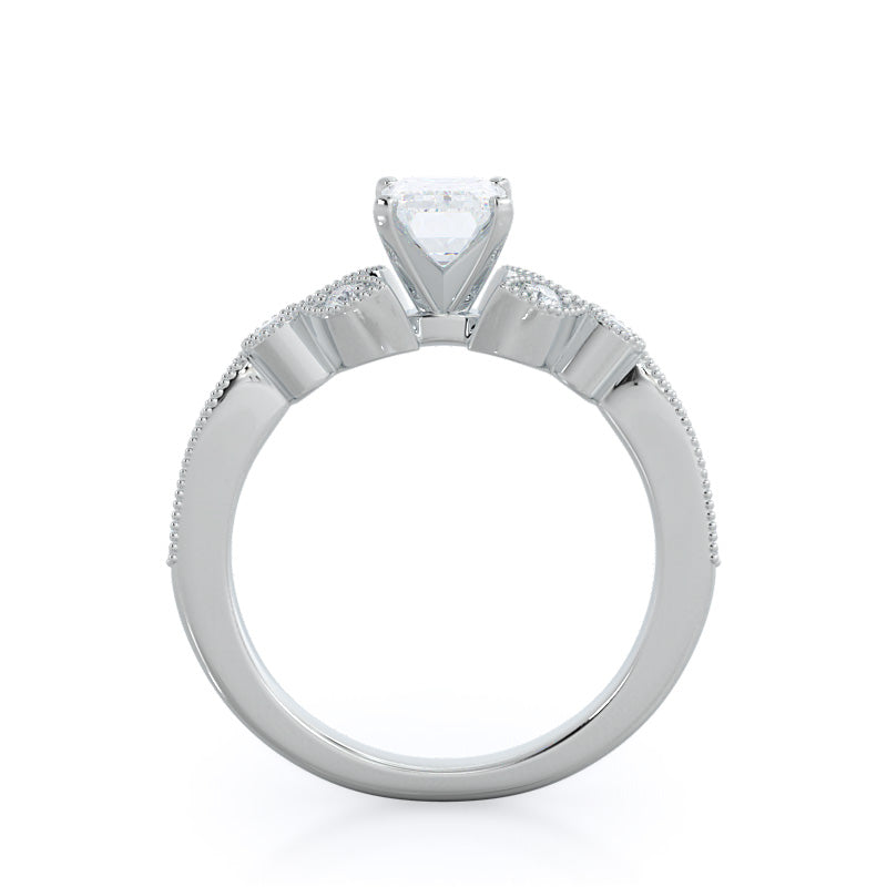 Vintage Leaf Diamond Engagement Ring with Emerald Cut Diamond in 14KT Platinum view 2

