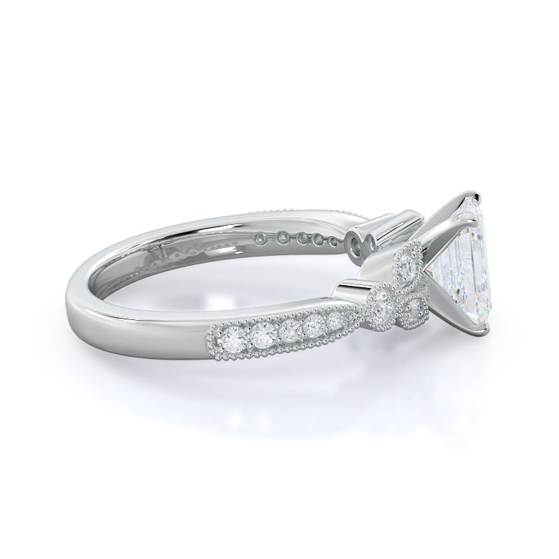 Vintage Leaf Diamond Engagement Ring with Emerald Cut Diamond in 14KT Platinum view 3
