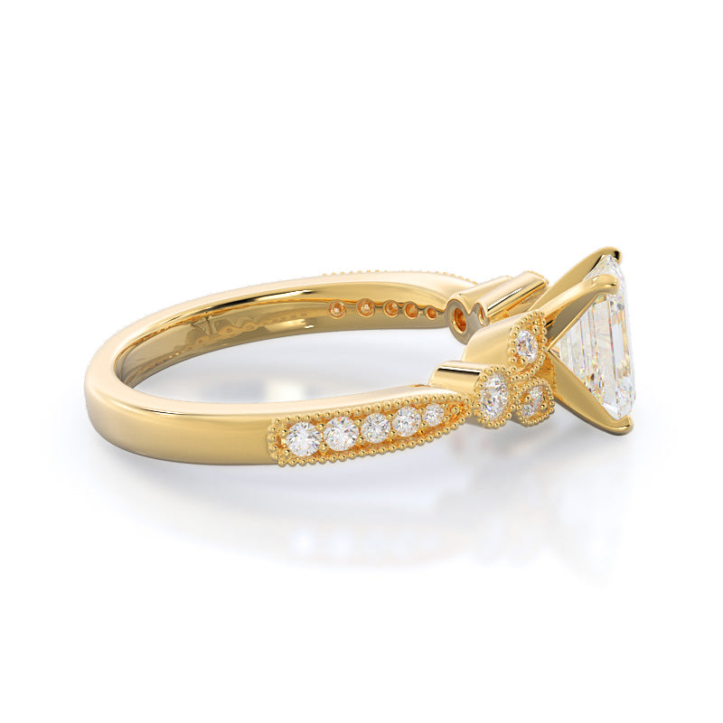 Vintage Leaf Diamond Engagement Ring with Emerald Cut Diamond in 14KT Yellow Gold view 3

