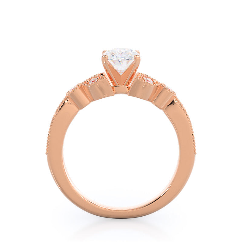 Vintage Leaf Diamond Engagement Ring with Oval Cut Diamond in 14KT Rose Gold view 2
