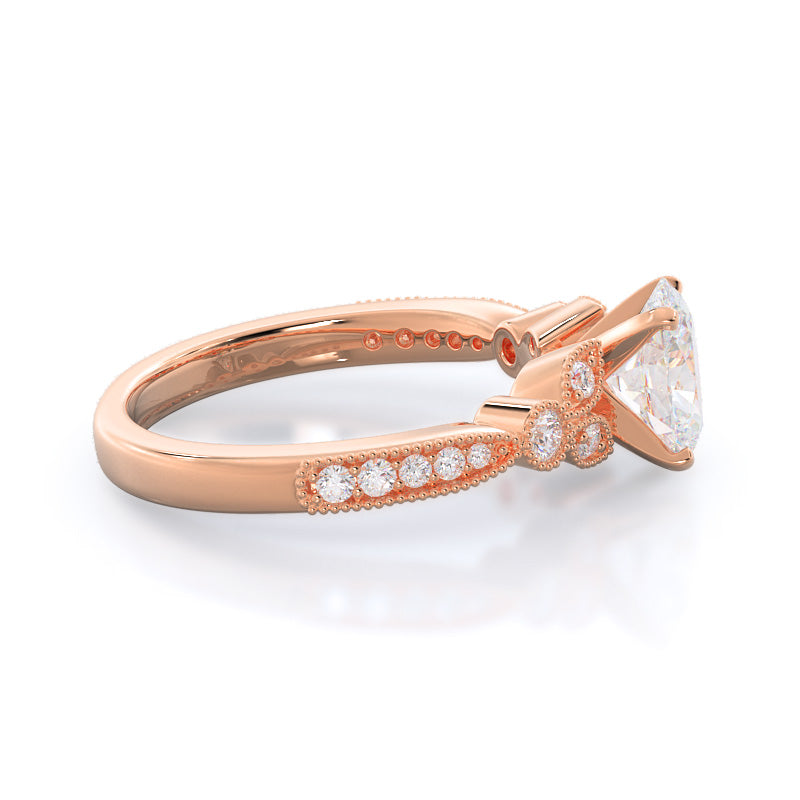 Vintage Leaf Diamond Engagement Ring with Oval Cut Diamond in 14KT Rose Gold view 3
