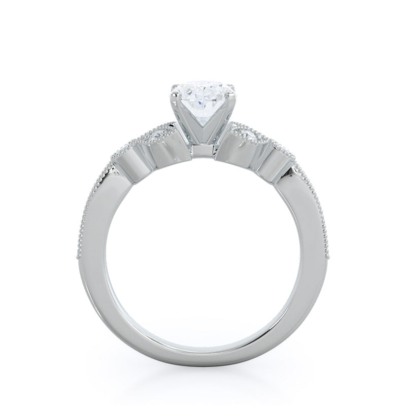 Vintage Leaf Diamond Engagement Ring with Oval Cut Diamond in 14KT Platinum view 2

