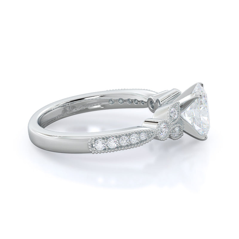 Vintage Leaf Diamond Engagement Ring with Oval Cut Diamond in 14KT Platinum view 3
