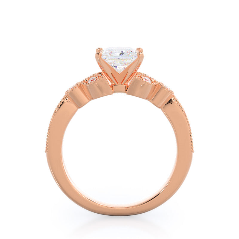 Vintage Leaf Diamond Engagement Ring with Princess Cut Diamond in 14KT Rose Gold view 2
