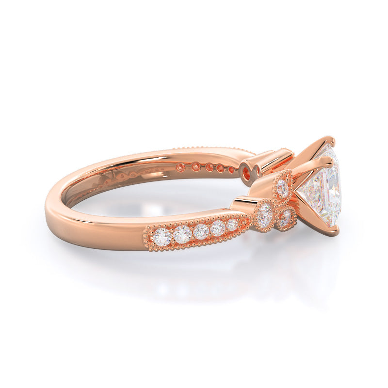 Vintage Leaf Diamond Engagement Ring with Princess Cut Diamond in 14KT Rose Gold view 3
