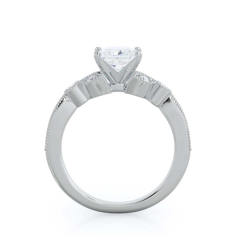 Vintage Leaf Diamond Engagement Ring with Princess Cut Diamond in 14KT Platinum view 2
