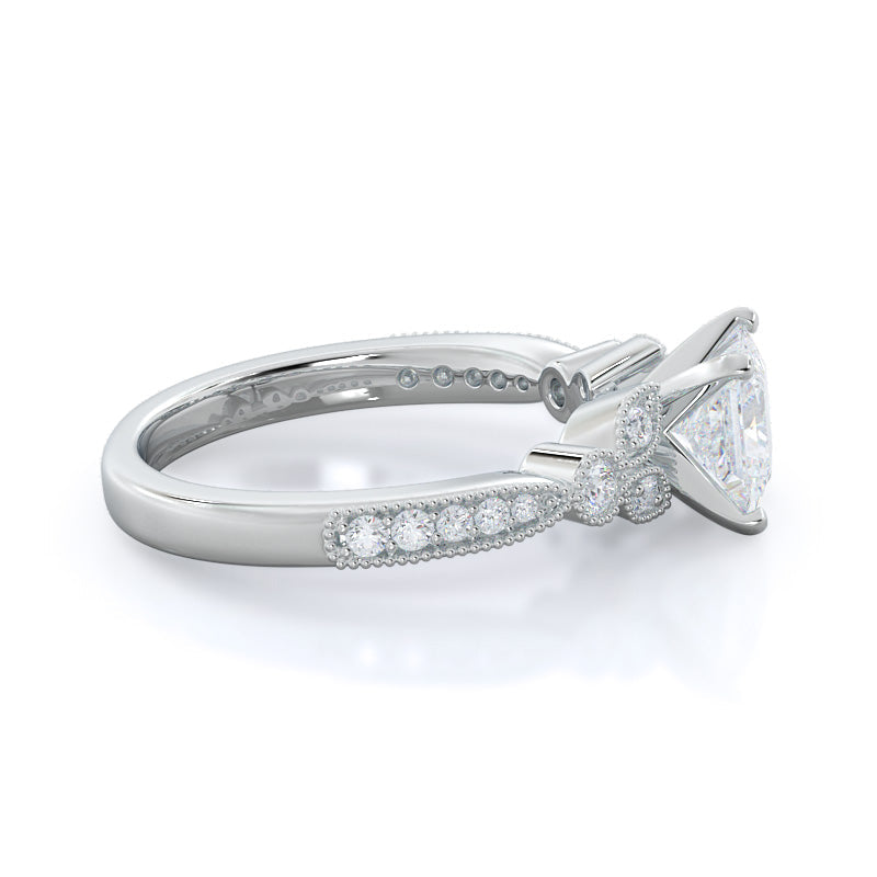 Vintage Leaf Diamond Engagement Ring with Princess Cut Diamond in 14KT Platinum view 3

