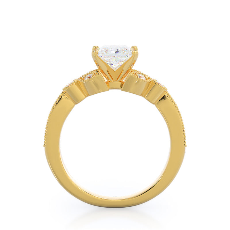 Vintage Leaf Diamond Engagement Ring with Princess Cut Diamond in 14KT Yellow Gold view 2
