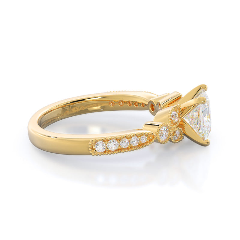 Vintage Leaf Diamond Engagement Ring with Princess Cut Diamond in 14KT Yellow Gold view 3
