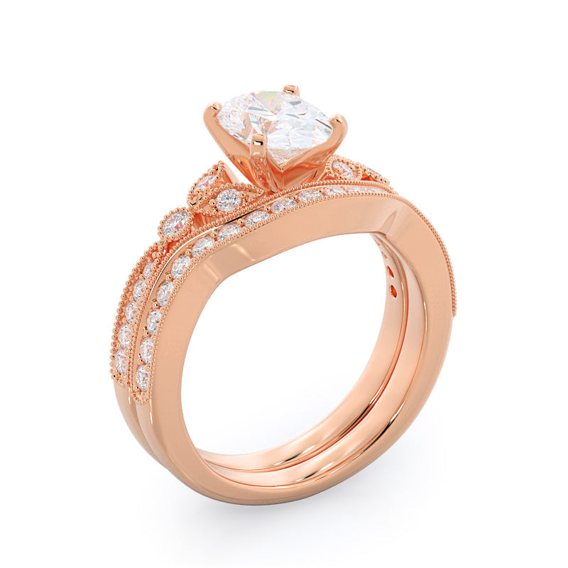 Vintage Leaf Diamond Engagement Ring with Oval Cut Diamond in 14KT Rose Gold view 7
