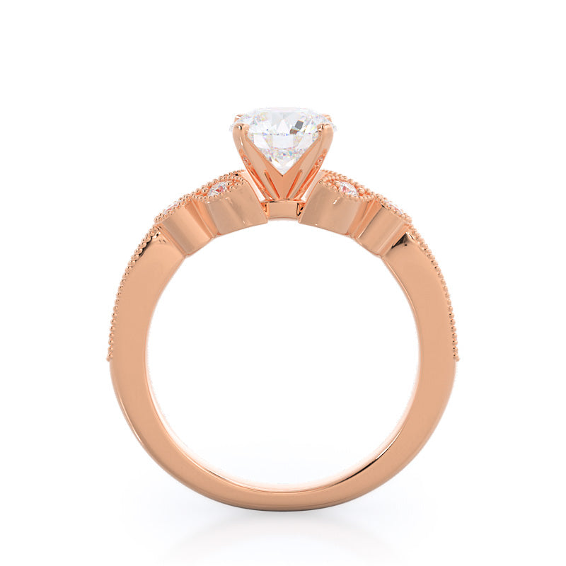Vintage Leaf Diamond Engagement Ring with Round Cut Diamond in 14KT Rose Gold view 2
