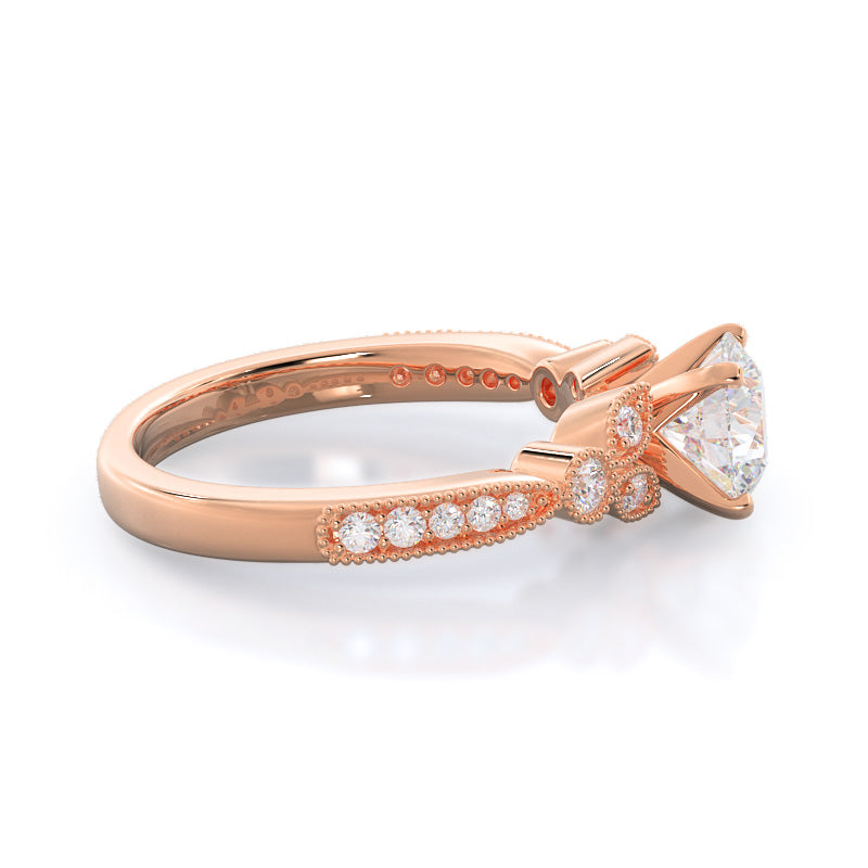 Vintage Leaf Diamond Engagement Ring with Round Cut Diamond in 14KT Rose Gold view 3
