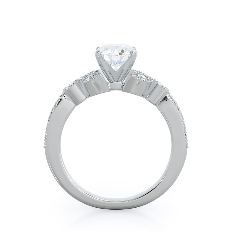 Vintage Leaf Diamond Engagement Ring with Round Cut Diamond in 14KT Platinum view 2
