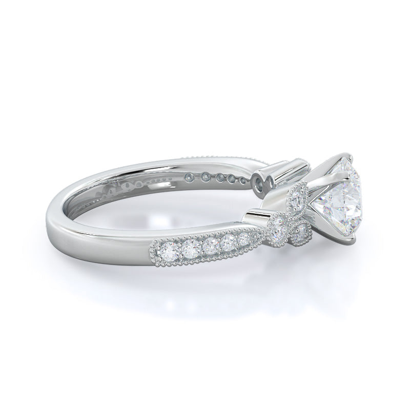 Vintage Leaf Diamond Engagement Ring with Round Cut Diamond in 14KT Platinum view 3
