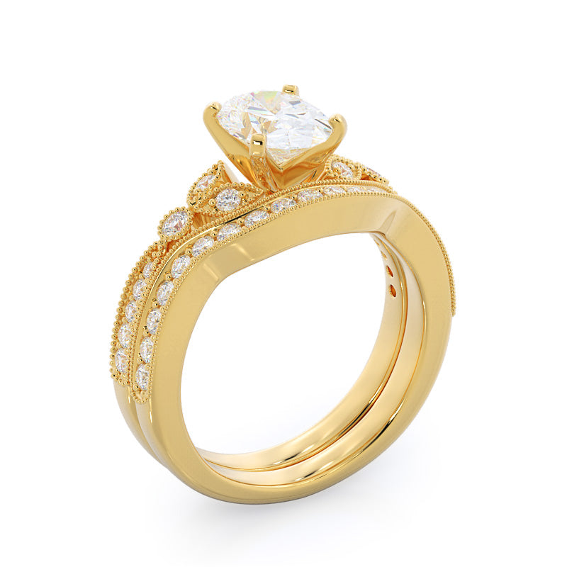 Vintage Leaf Diamond Engagement Ring with Oval Cut Diamond in 14KT Rose Gold view 6
