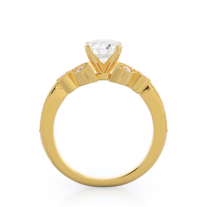 Vintage Leaf Diamond Engagement Ring with Round Cut Diamond in 14KT Yellow Gold view 2
