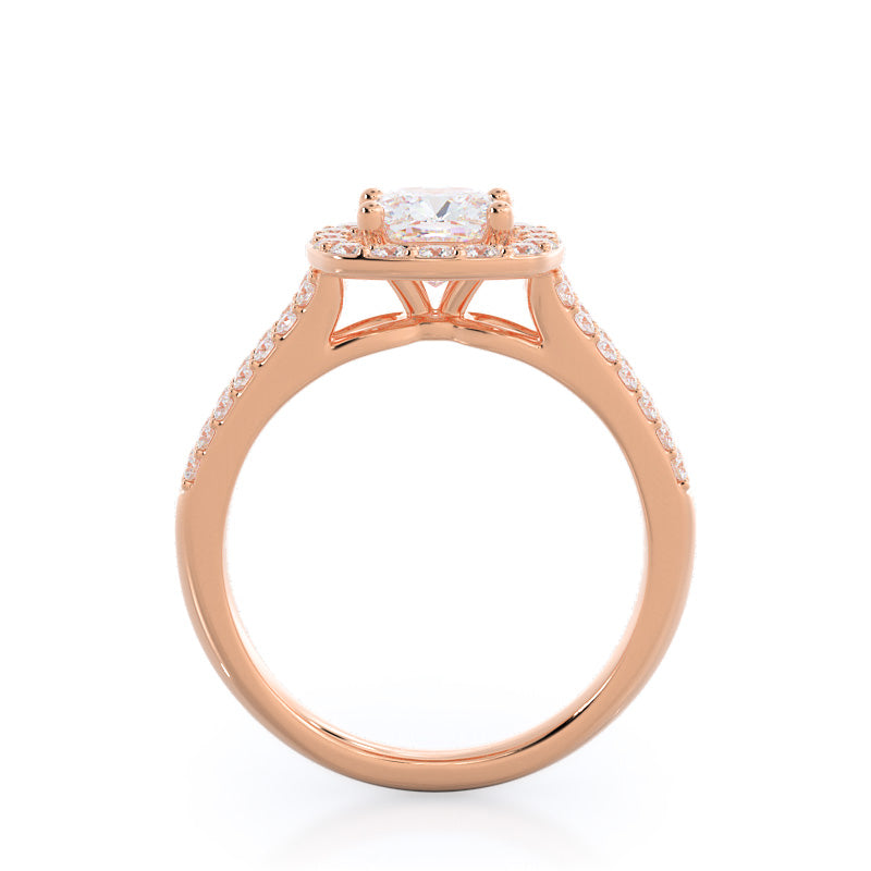 Split Shank Rounded Halo Diamond Engagement Ring with Cushion Cut Diamond in 14KT Rose Gold view 2
