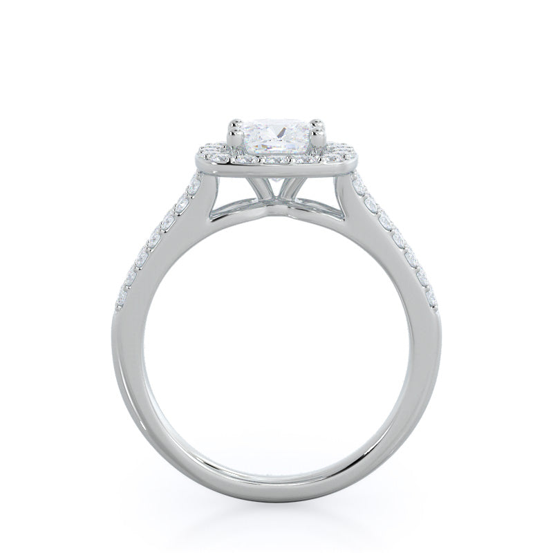 Split Shank Rounded Halo Diamond Engagement Ring with Cushion Cut Diamond in 14KT Platinum view 2
