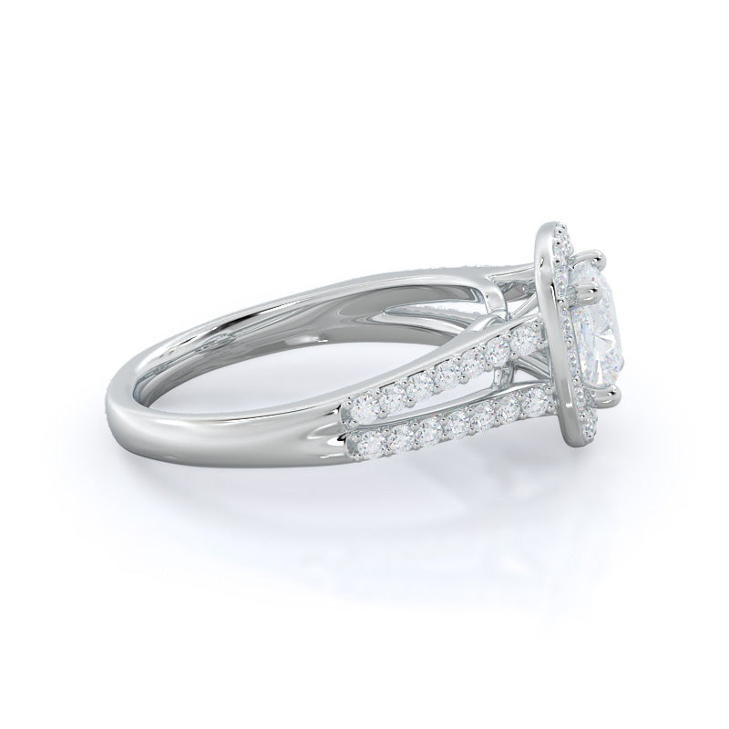 Split Shank Rounded Halo Diamond Engagement Ring with Cushion Cut Diamond in 14KT Platinum view 3
