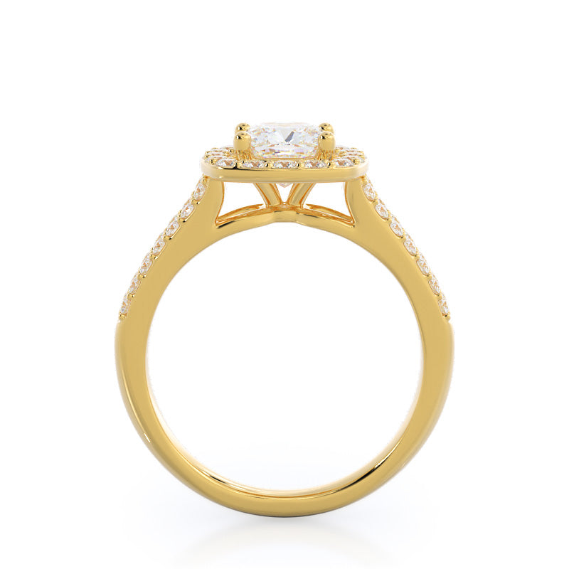 Split Shank Rounded Halo Diamond Engagement Ring with Cushion Cut Diamond in 14KT Yellow Gold view 2
