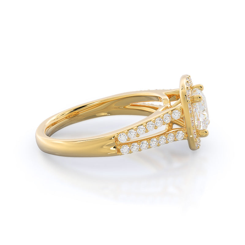 Split Shank Rounded Halo Diamond Engagement Ring with Cushion Cut Diamond in 14KT Yellow Gold view 3
