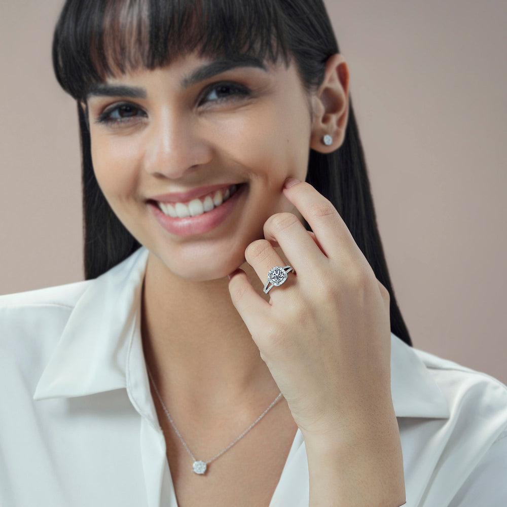 Model Wearing Split Shank Rounded Halo Diamond Engagement Ring view