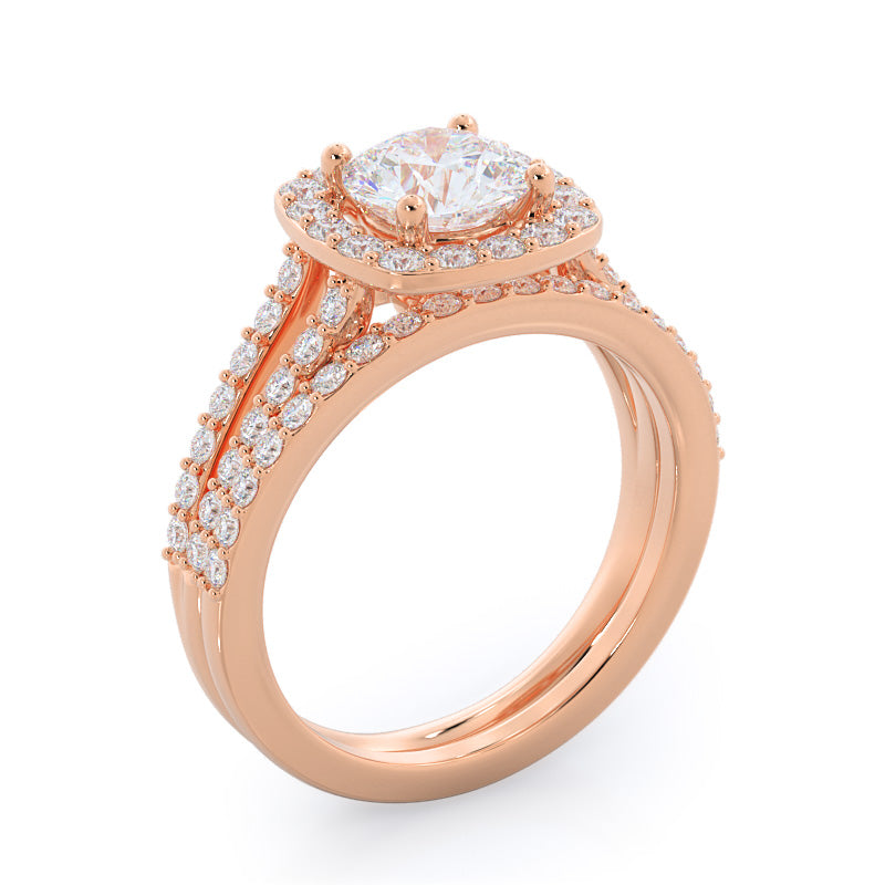 Split Shank Rounded Halo Diamond Engagement Ring with Cushion Cut Diamond in 14KT Rose Gold view 7
