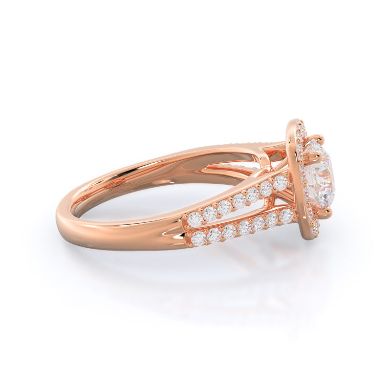 Split Shank Rounded Halo Diamond Engagement Ring with Round Cut Diamond in 14KT Rose Gold view 3
