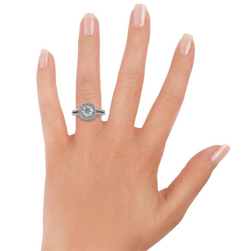 Split Shank Rounded Halo Diamond Engagement Ring with Round Cut Diamond in 14KT Platinum view 4
