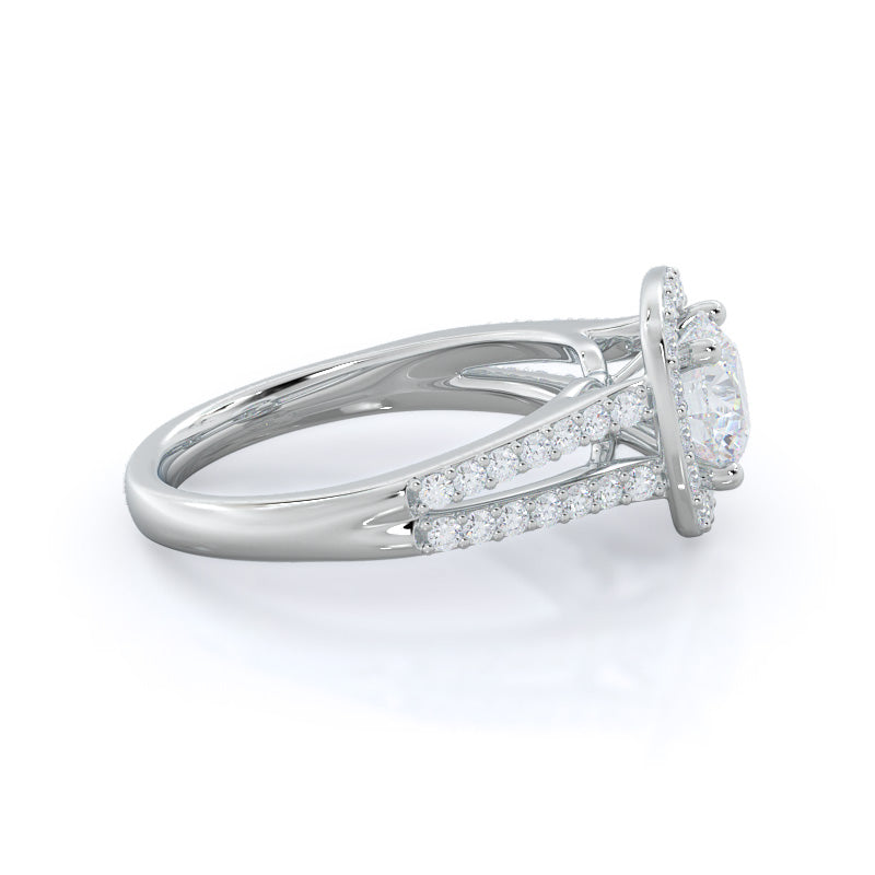 Split Shank Rounded Halo Diamond Engagement Ring with Round Cut Diamond in 14KT Platinum view 3
