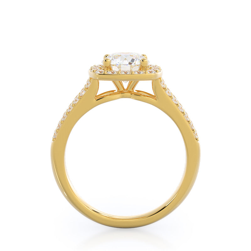 Split Shank Rounded Halo Diamond Engagement Ring with Round Cut Diamond in 14KT Yellow Gold view 2
