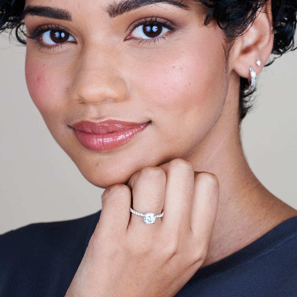 Model Wearing Open French Cut Pave Diamond Engagement Ring with Lab Grown Diamond view