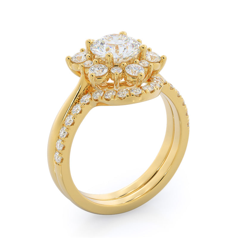 14kt Yellow Gold Round Cut Star Halo Diamond Engagement Ring