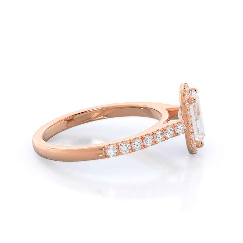 Pave Halo Engagement Ring with Emerald Cut Diamond in 14KT Rose Gold view 3
