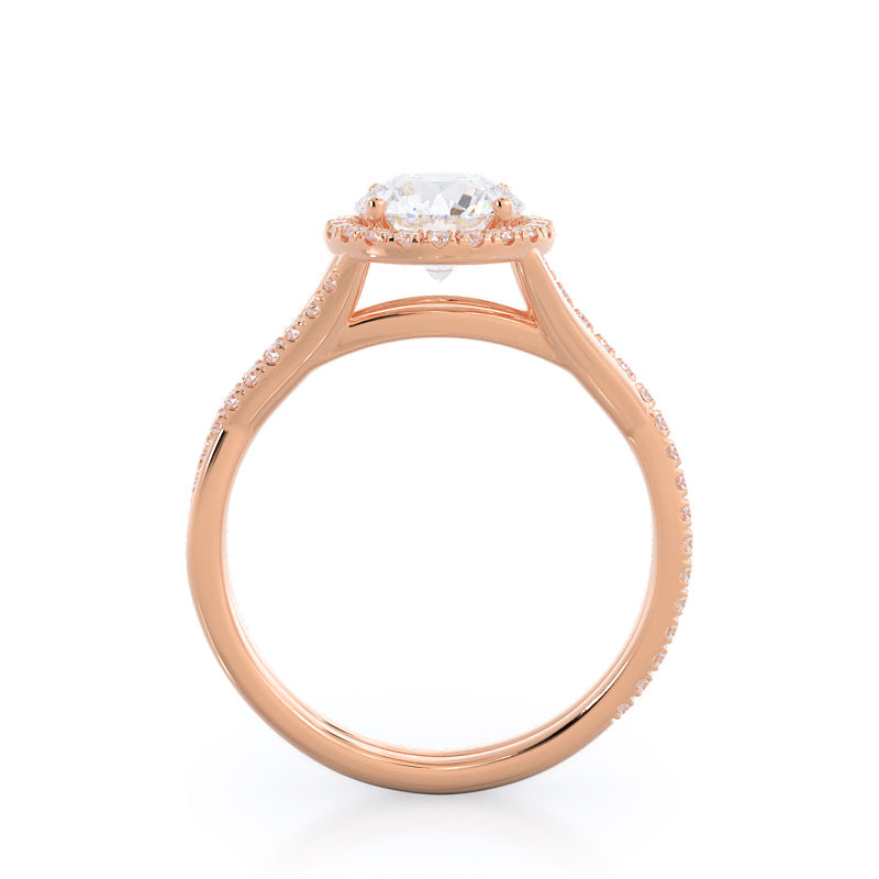 Round Cut Twisting Diamond Halo Engagement Ring with Lab Grown Diamond in 14KT Rose Gold view 2
