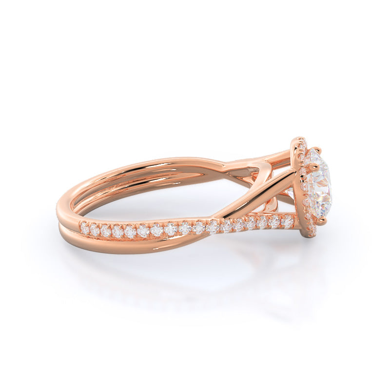 Round Cut Twisting Diamond Halo Engagement Ring with Lab Grown Diamond in 14KT Rose Gold view 3
