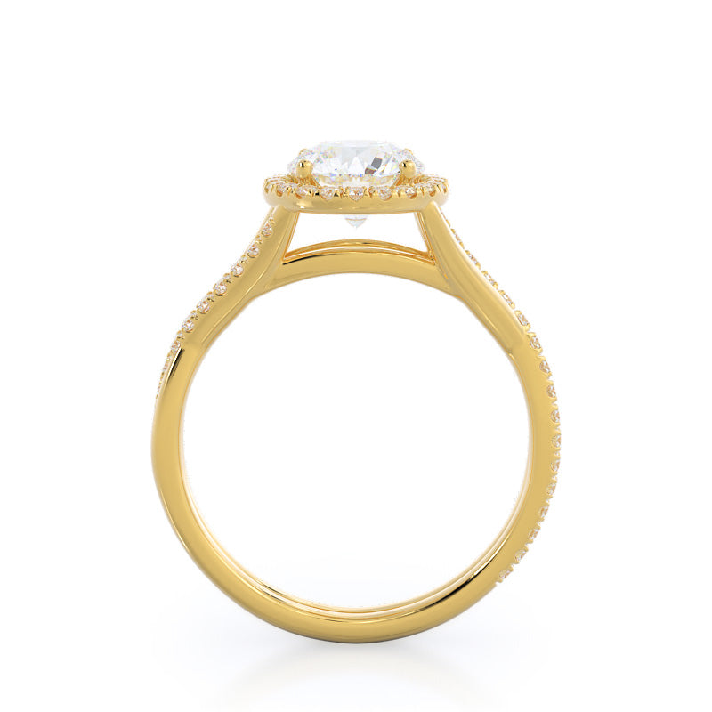 Round Cut Twisting Diamond Halo Engagement Ring with Lab Grown Diamond in 14KT Yellow Gold view 2
