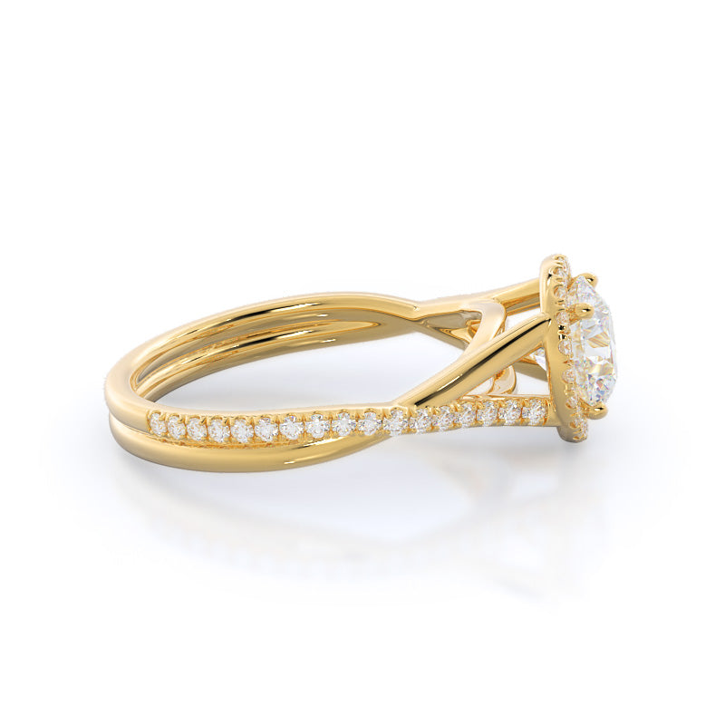 Round Cut Twisting Diamond Halo Engagement Ring with Lab Grown Diamond in 14KT Yellow Gold view 3
