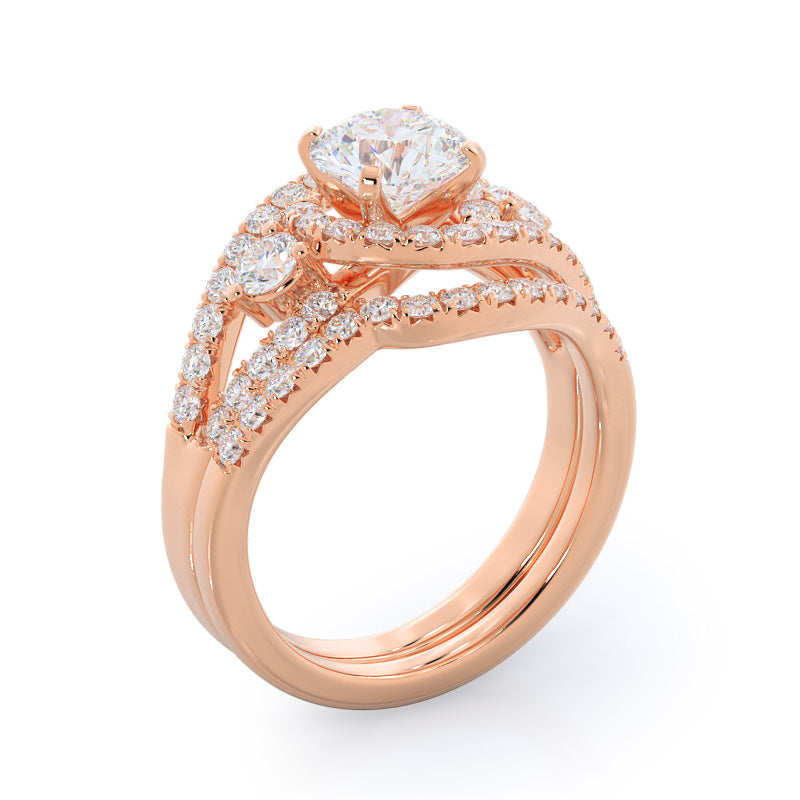 Round Cut Twisting Halo Tristone Diamond Engagement Ring with Lab Grown Diamond in 14KT Rose Gold view 4
