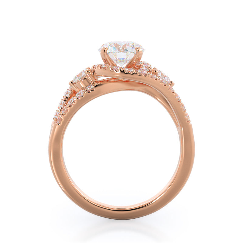 Round Cut Twisting Halo Tristone Diamond Engagement Ring with Lab Grown Diamond in 14KT Rose Gold view 2
