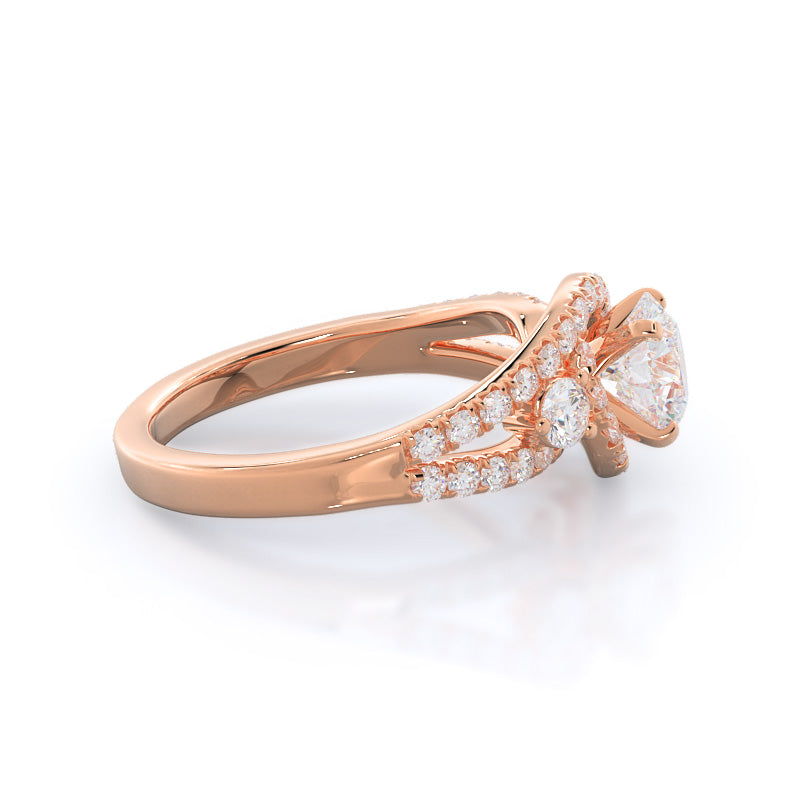 Round Cut Twisting Halo Tristone Diamond Engagement Ring with Lab Grown Diamond in 14KT Rose Gold view 3
