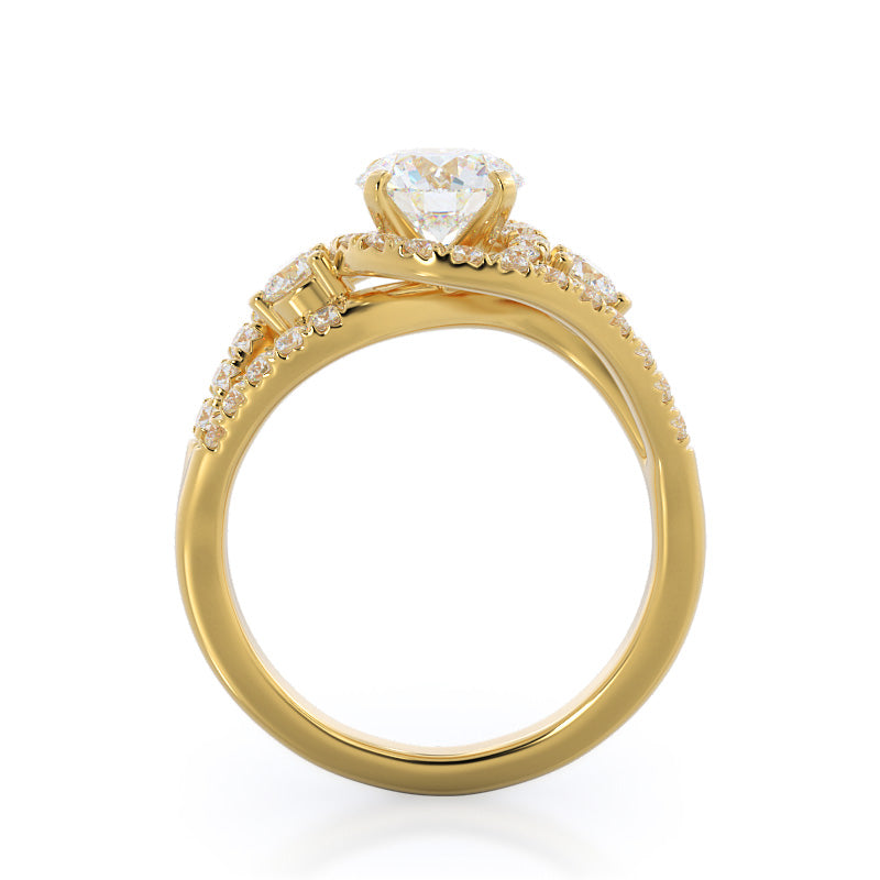 Round Cut Twisting Halo Tristone Diamond Engagement Ring with Lab Grown Diamond in 14KT Yellow Gold view 2
